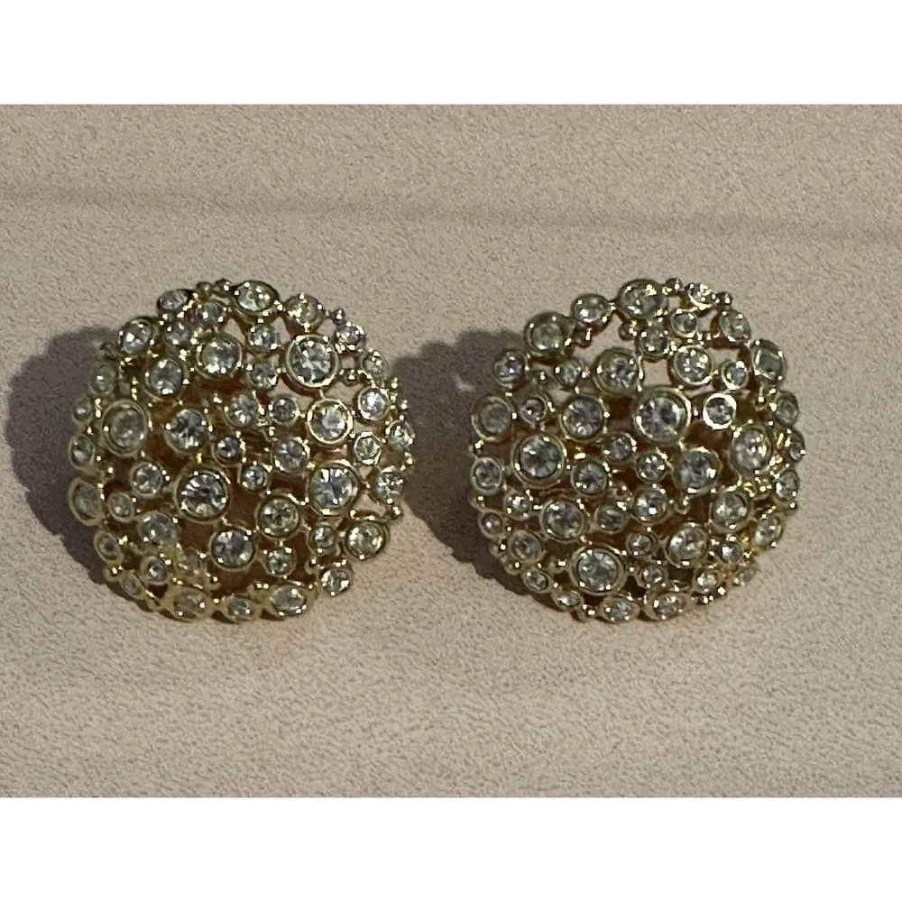 Swan Signed Swarovski Gold & Crystal Round Clip On Earrings